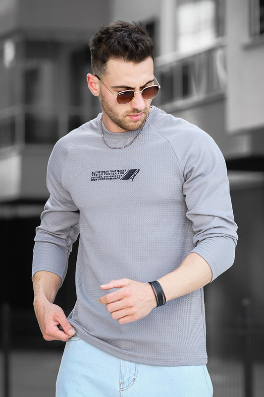 Printed Raglan Sleeve Slim Fit Lycra Crew Neck Men's Sweatshirt