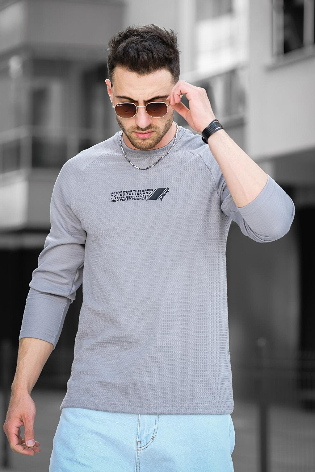 Printed Raglan Sleeve Slim Fit Lycra Crew Neck Men's Sweatshirt