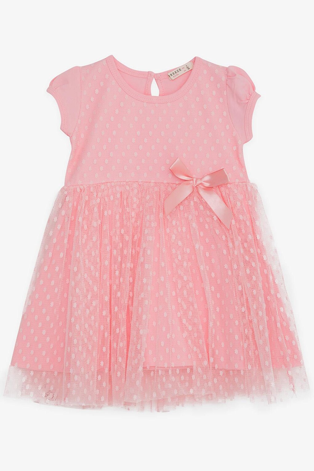 Girl's Short Sleeve Dress Patterned Bow Tulle Pink (3-8 Years)