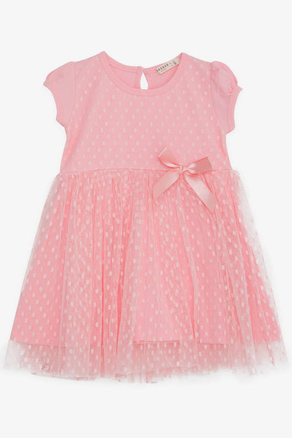 Girl's Short Sleeve Dress Patterned Bow Tulle Pink (3-8 Years)