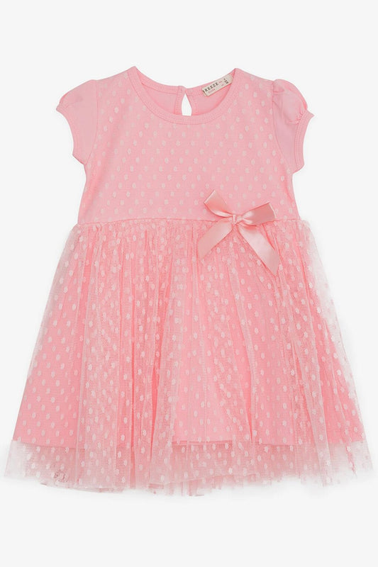 Girl's Short Sleeve Dress Patterned Bow Tulle Pink (Age 3-5)