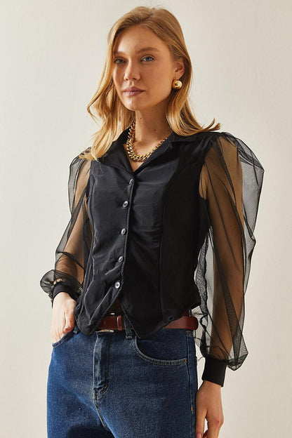 Black Double Breasted Collar &amp; Button Sleeves Tulle Blouse