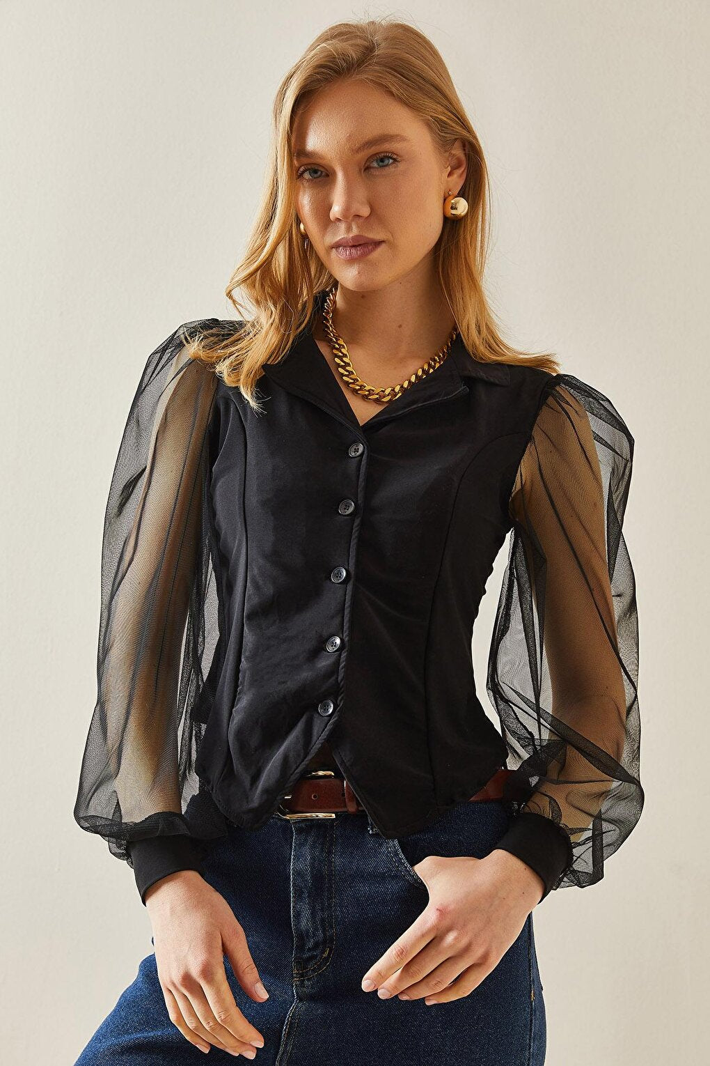 Black Double Breasted Collar &amp; Button Sleeves Tulle Blouse