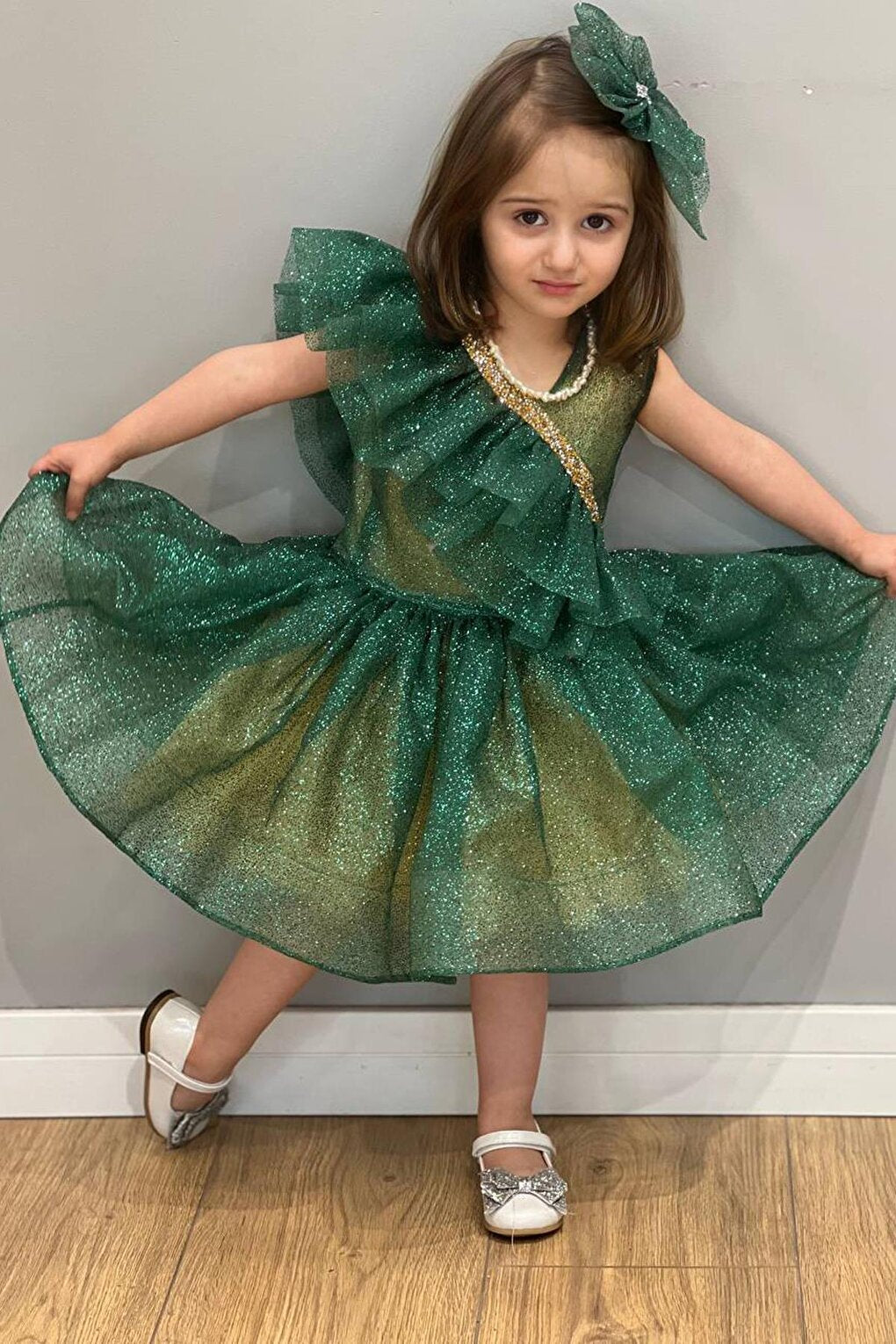 Girl's Frill Detailed Stone Embroidered Glitter Water Green Evening Dress 3-11 Years