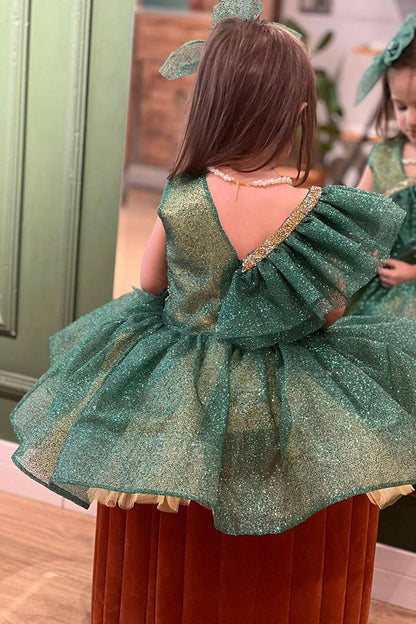 Girl's Frill Detailed Stone Embroidered Glitter Water Green Evening Dress 3-11 Years