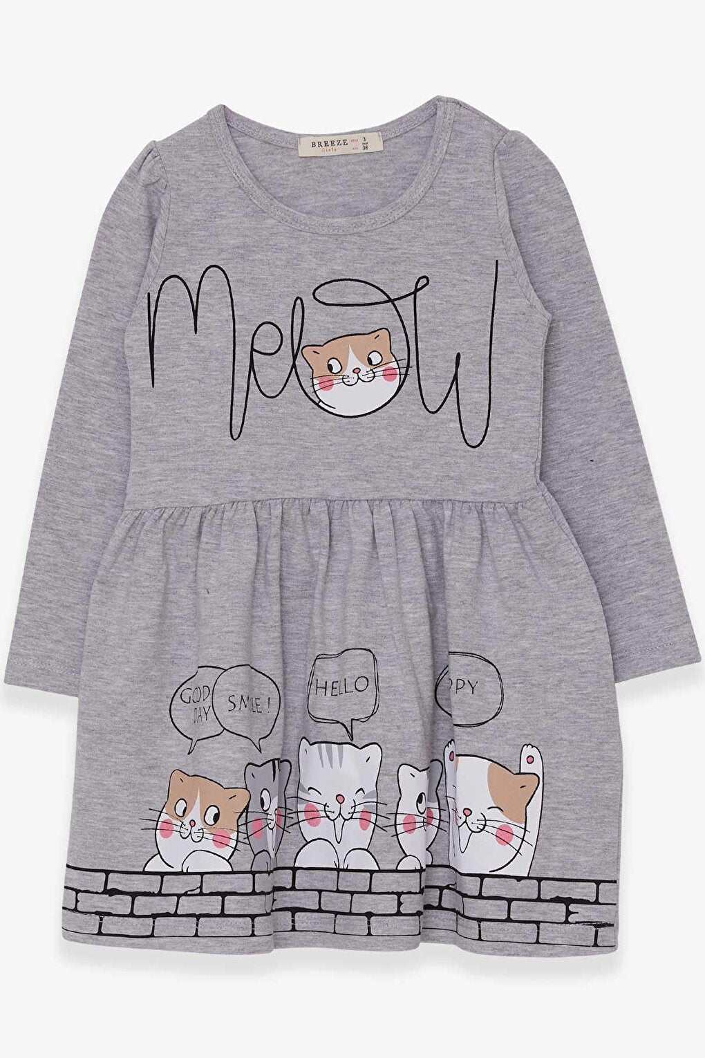 Girl's Long Sleeve Dress Gray Melange with Kitten Pattern (Age 3-5)