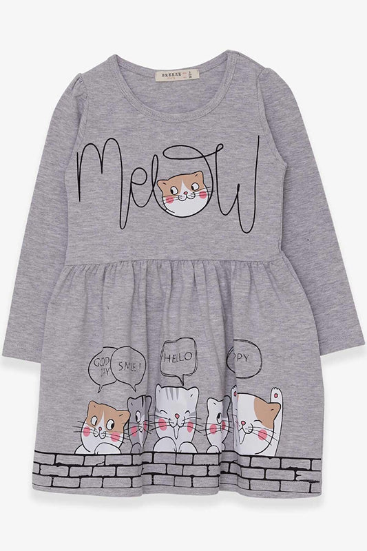 Girl's Long Sleeve Dress Gray Melange with Kitten Pattern (Age 3-5)