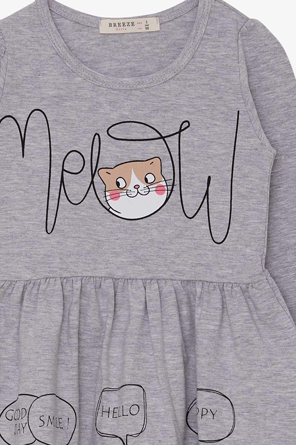 Girl's Long Sleeve Dress Gray Melange with Kitten Pattern (Age 3-5)