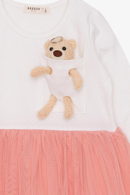 Girl's Long Sleeve Dress Ecru with Teddy Bear Accessory (Age 3-4)