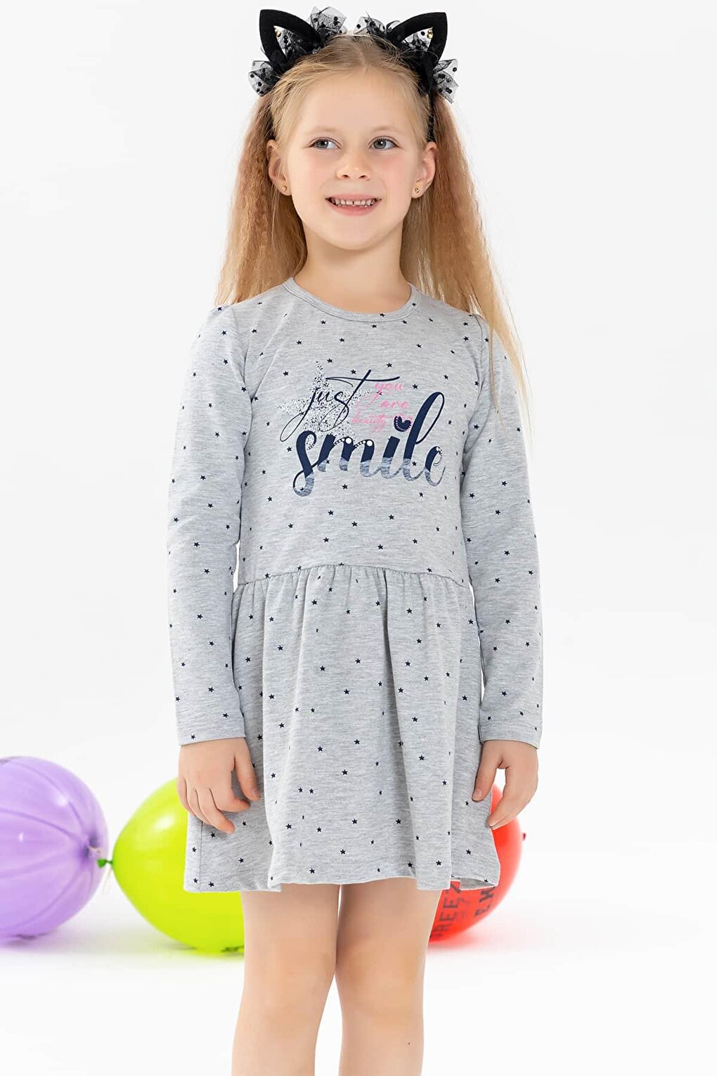 Girl's Long Sleeve Dress Starry Text Printed Gray Melange (Age 3-6)