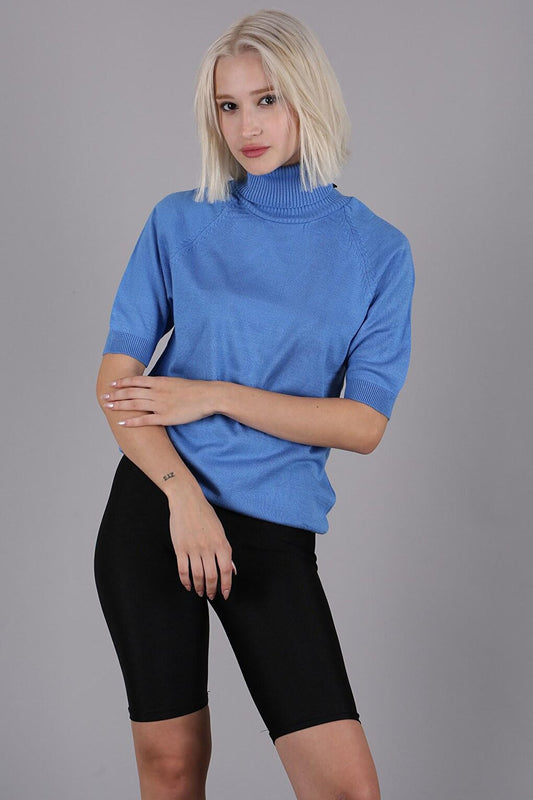 Blue Turtleneck Short Sleeve Knitwear Sweater MG1565