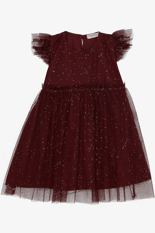 Girl's Dress Glitter Tulle Frilly Claret Red (Age 3-7)