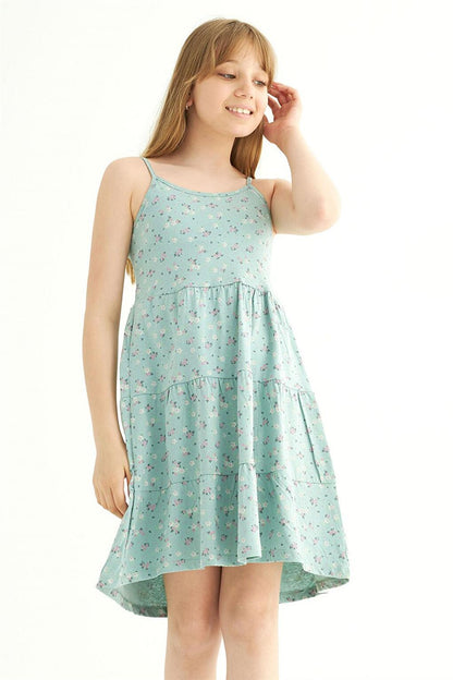 Girl's Floral Colored Water Green Strappy Dress