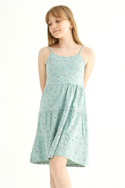 Girl's Floral Colored Water Green Strappy Dress