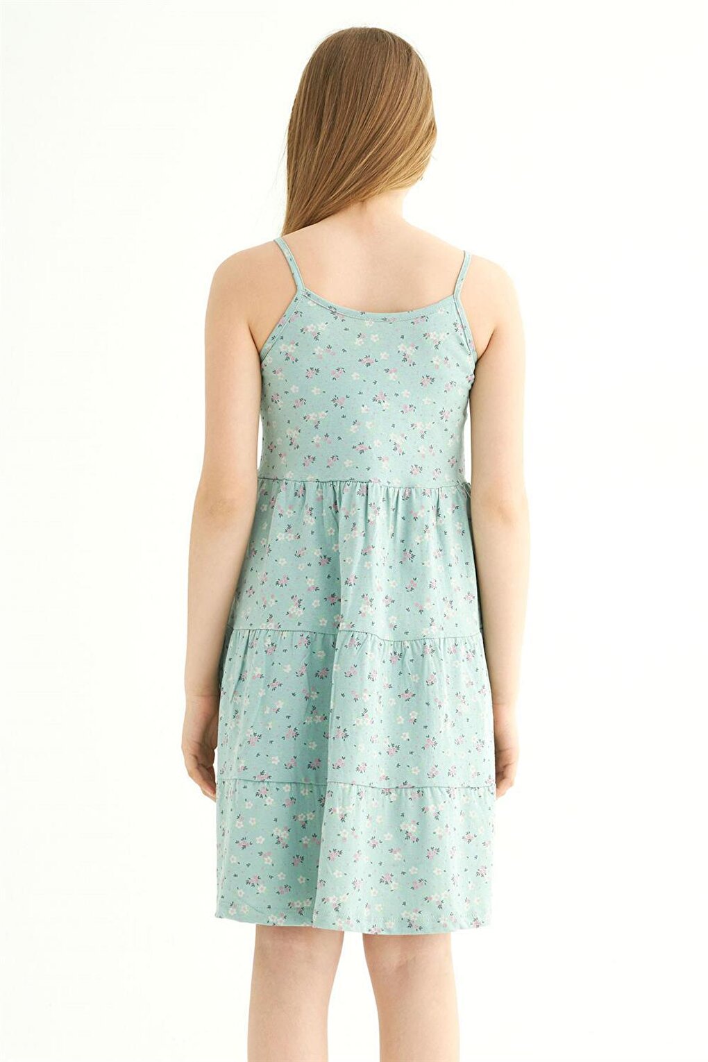 Girl's Floral Colored Water Green Strappy Dress