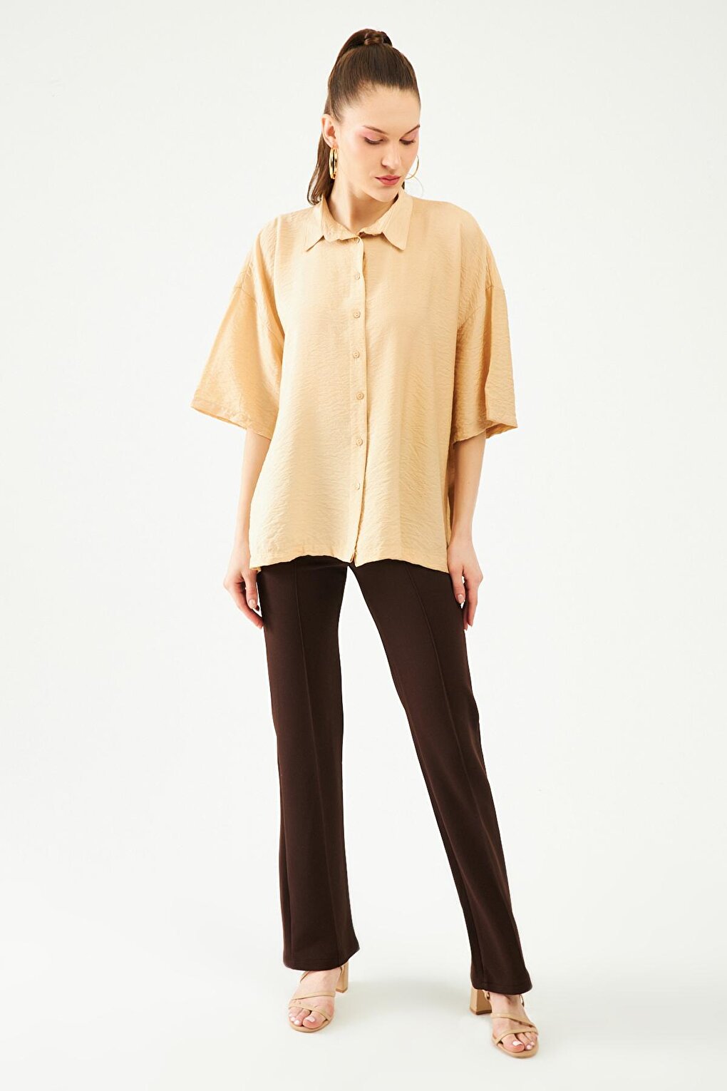 Women's Beige Short Sleeve Casual Shirt with Side Slits