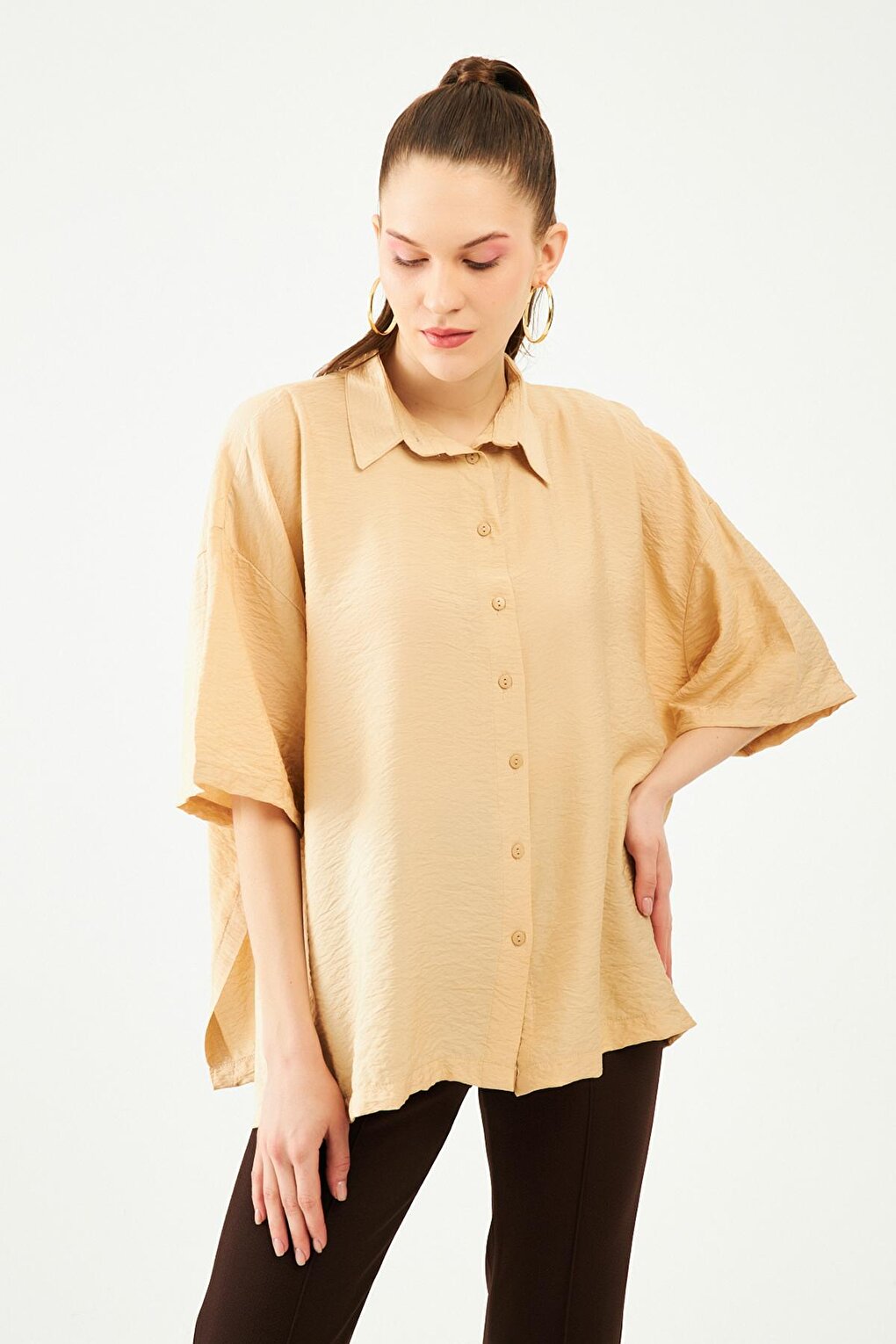 Women's Beige Short Sleeve Casual Shirt with Side Slits