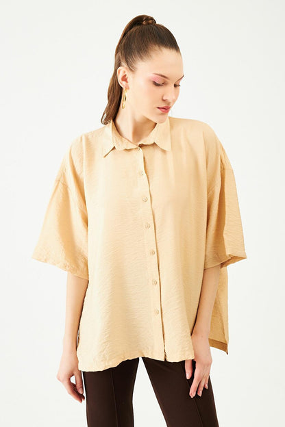 Women's Beige Short Sleeve Casual Shirt with Side Slits