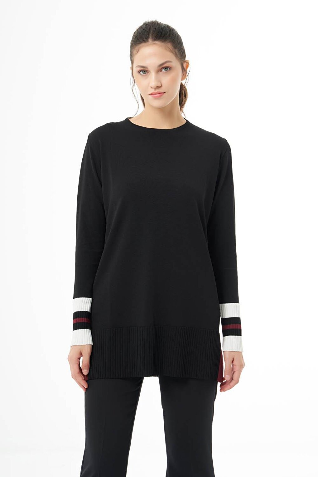 Colored Sleeve Rayon Knitwear Black Tunic