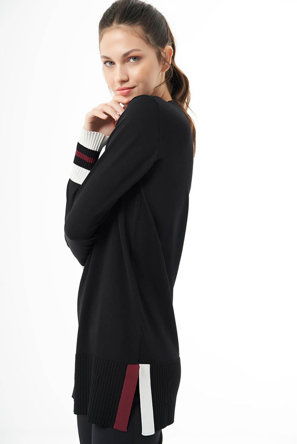 Colored Sleeve Rayon Knitwear Black Tunic