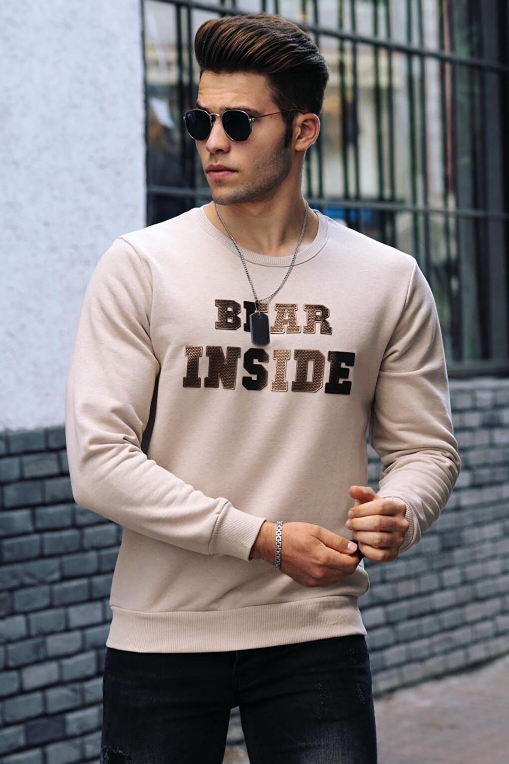 Beige Printed Crew Neck Sweatshirt 4751