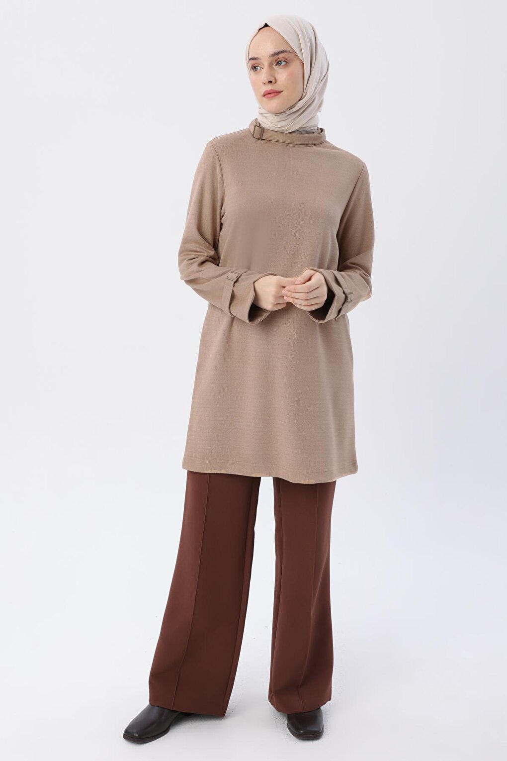 Beige Collar and Sleeves Tunic with Buckle Detail