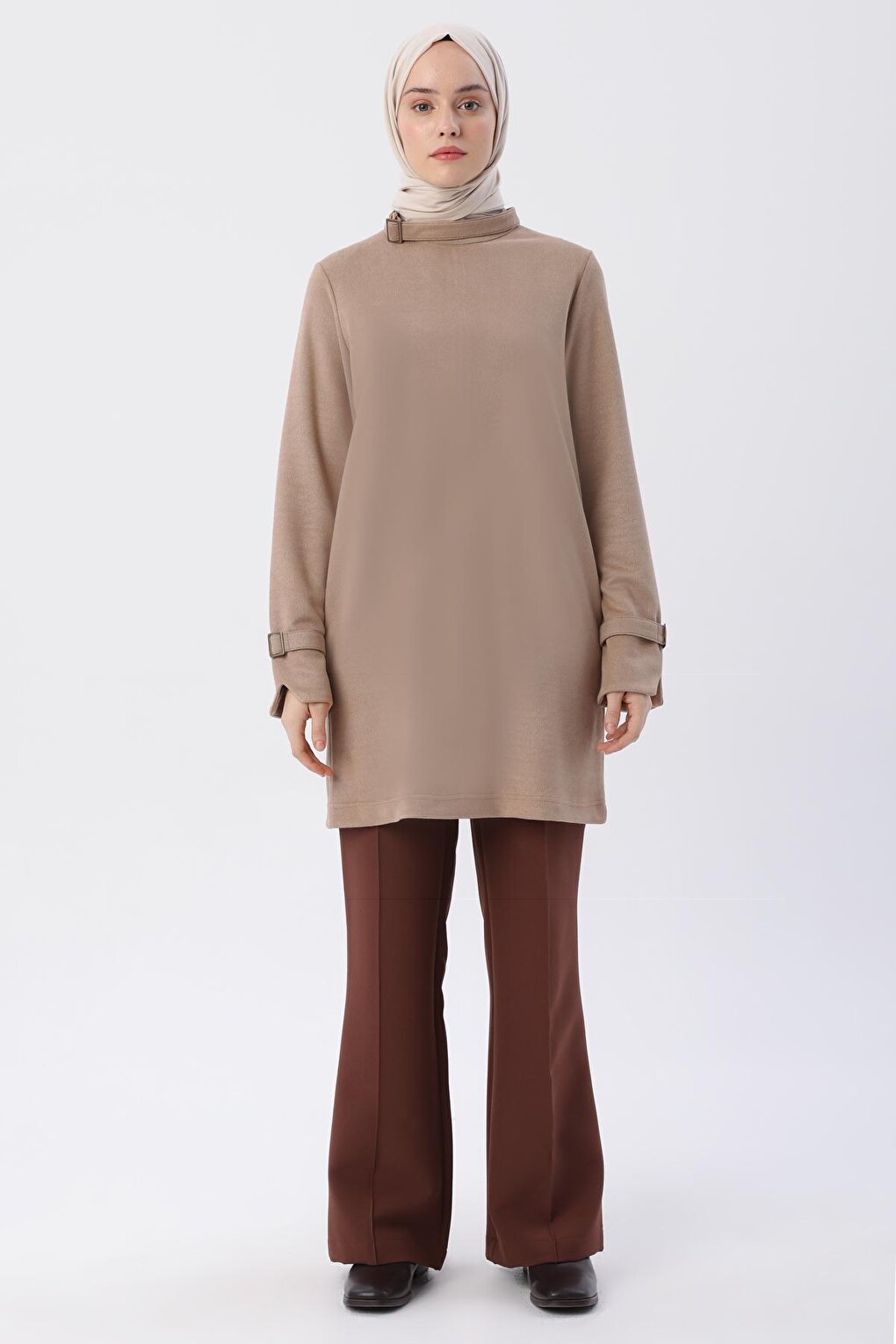 Beige Collar and Sleeves Tunic with Buckle Detail