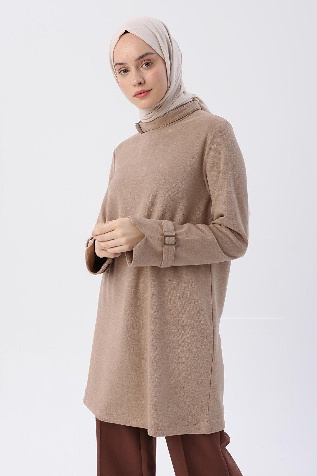 Beige Collar and Sleeves Tunic with Buckle Detail