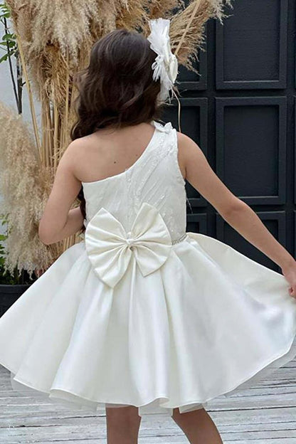 Girl's One-Shoulder White Evening Dress with Stone Detailed Fluffy Skirt