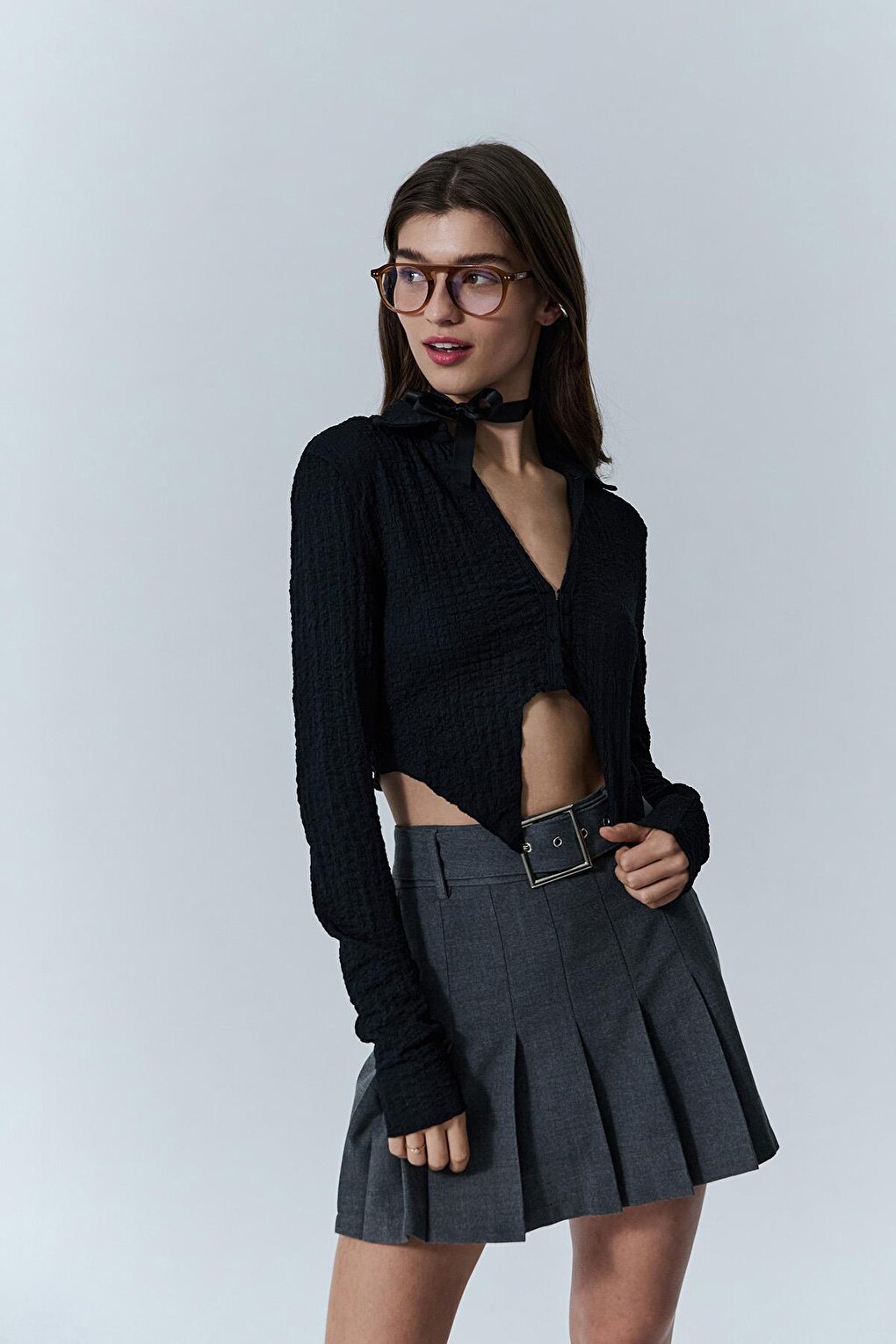 Tie Detailed Crop Blouse Black