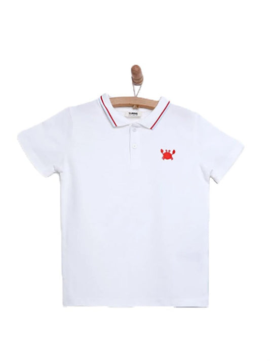 Boy's Crab Embroidery Detailed White 100% Cotton Polo Neck Tshirt