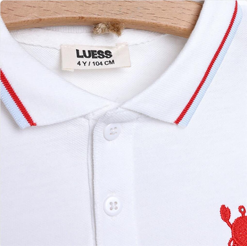 Boy's Crab Embroidery Detailed White 100% Cotton Polo Neck Tshirt