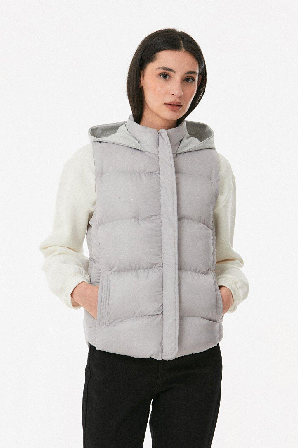 Combed Cotton Puffer Vest with Hood