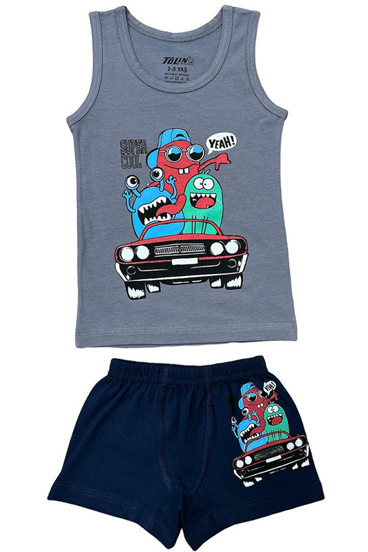 Boy's Patterned Printed Cotton Undershirt Shorts, Top and Bottom Set 83022