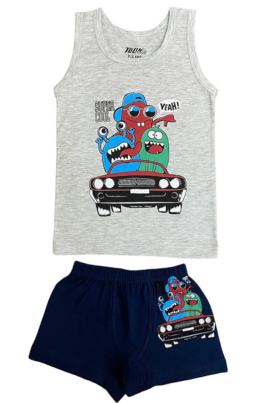 Boy's Patterned Printed Cotton Undershirt Shorts, Top and Bottom Set 83021