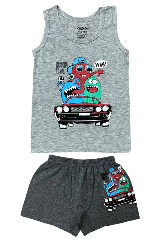 Boy's Patterned Printed Cotton Undershirt Shorts, Top and Bottom Set 83020