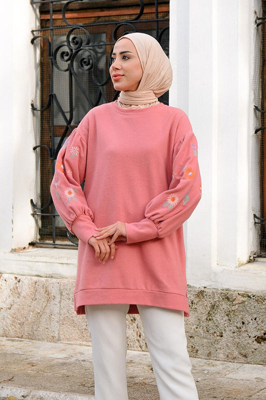 Floral Embroidered Crew Neck Sweatshirt Powder