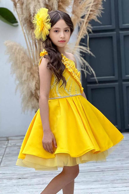 Girl's One-Shoulder Yellow Evening Dress with Stone Detailed Fluffy Skirt