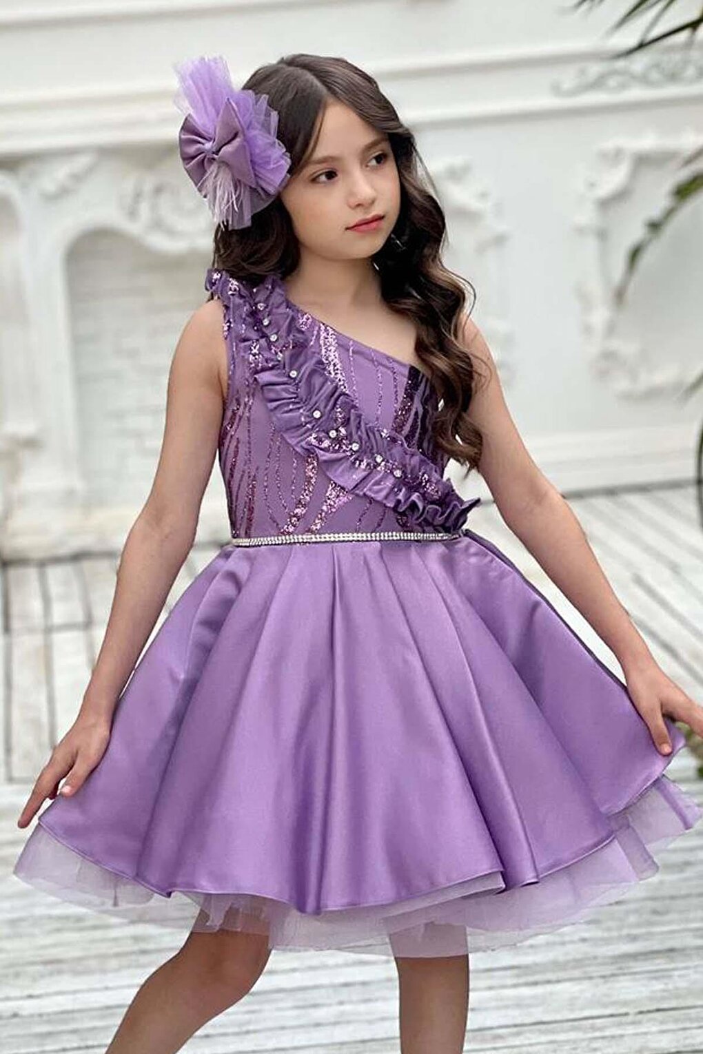 Girl's One-Shoulder Purple Evening Dress with Stone Detailed Fluffy Skirt