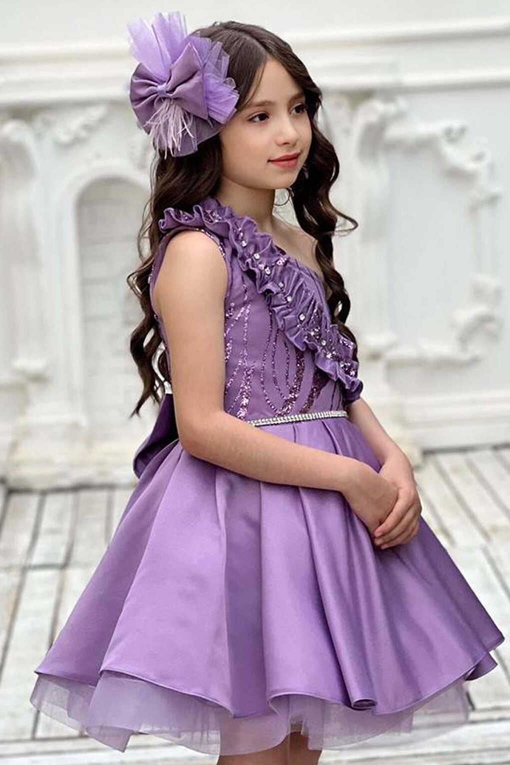 Girl's One-Shoulder Purple Evening Dress with Stone Detailed Fluffy Skirt