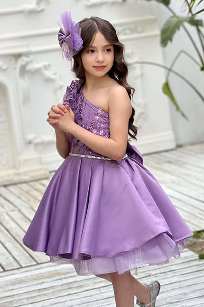 Girl's One-Shoulder Purple Evening Dress with Stone Detailed Fluffy Skirt