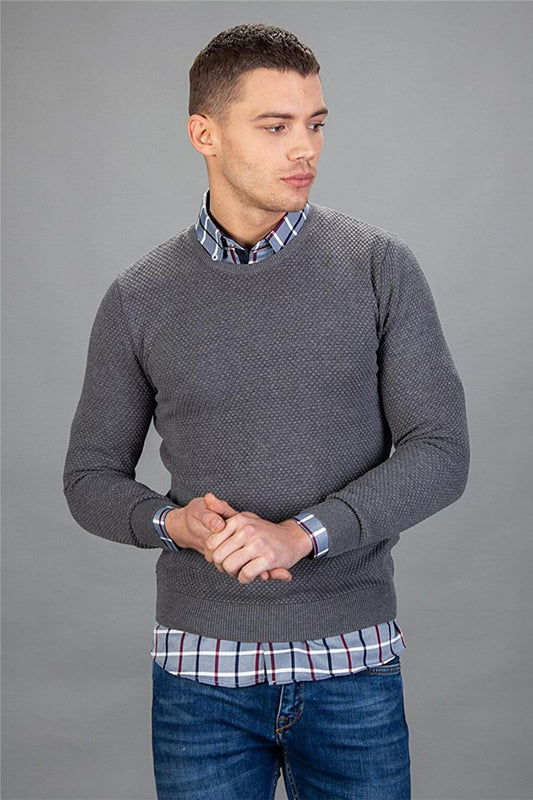 Slim Fit Crew Neck Honeycomb Patterned Men's Gray Sweater