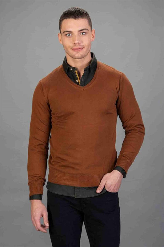 Slim Fit V-Neck Cotton Men's Brown Sweater