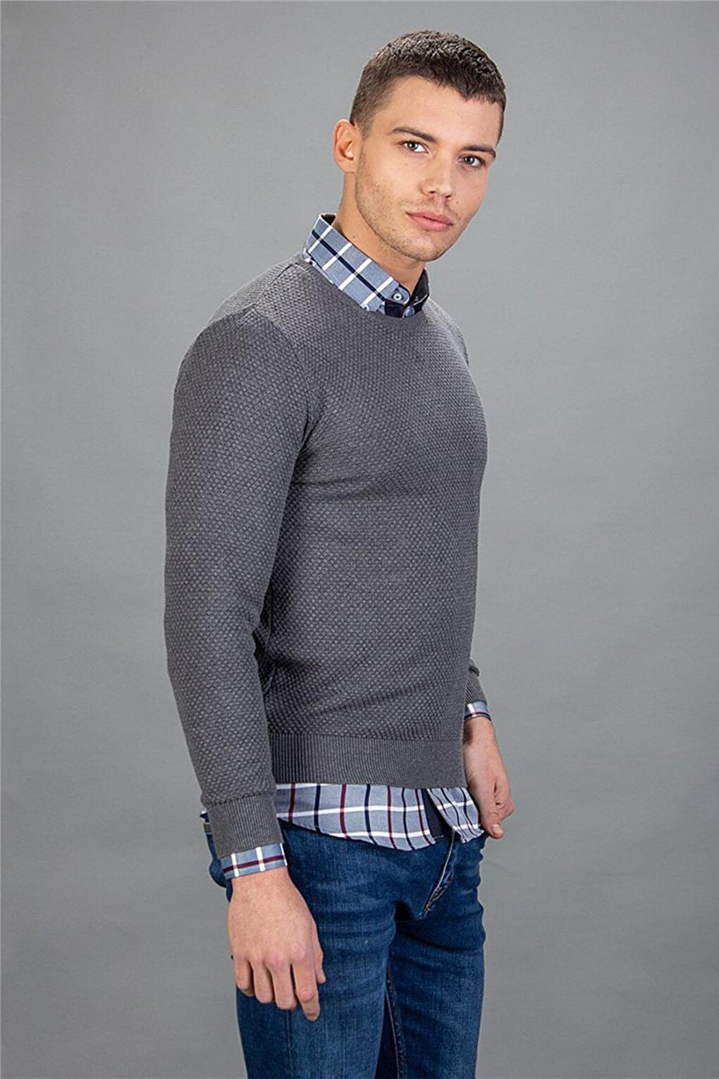 Slim Fit Crew Neck Honeycomb Patterned Men's Gray Sweater