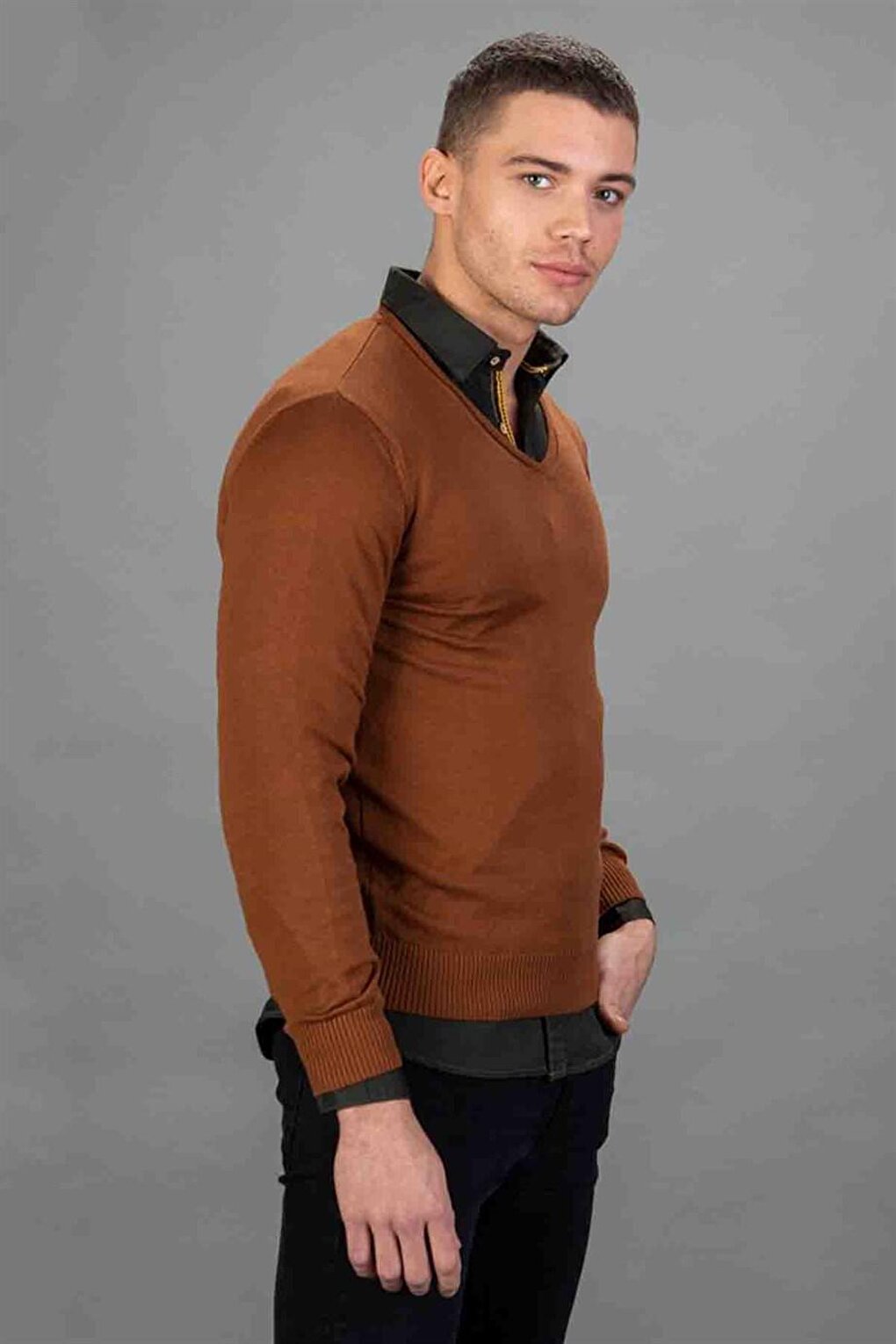 Slim Fit V-Neck Cotton Men's Brown Sweater