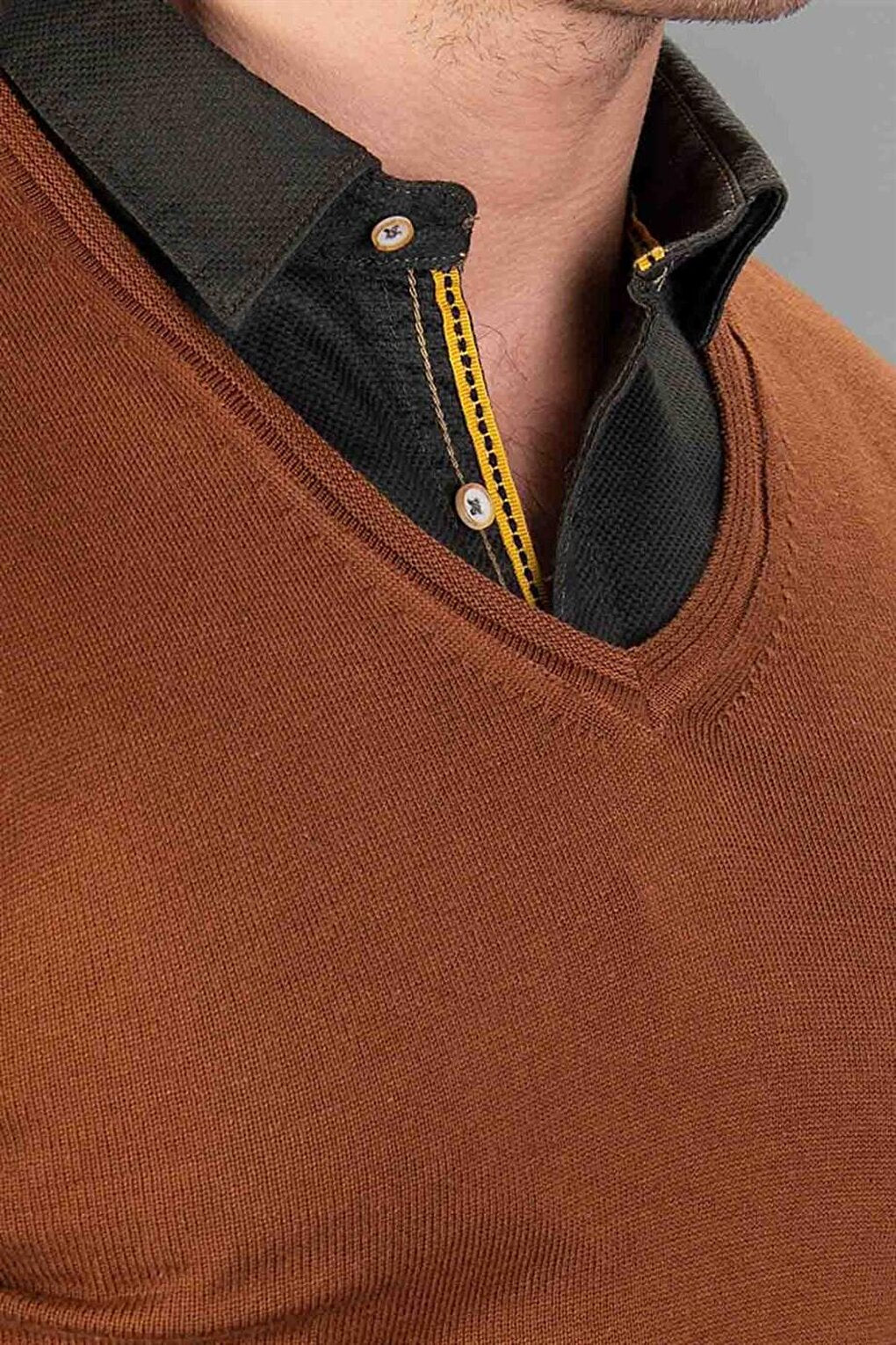 Slim Fit V-Neck Cotton Men's Brown Sweater