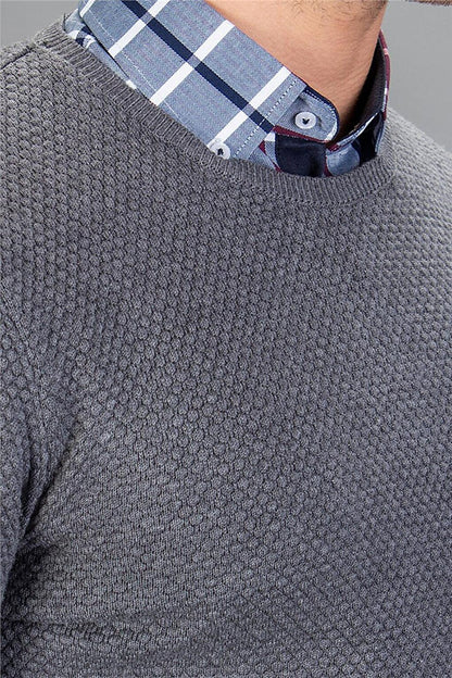 Slim Fit Crew Neck Honeycomb Patterned Men's Gray Sweater