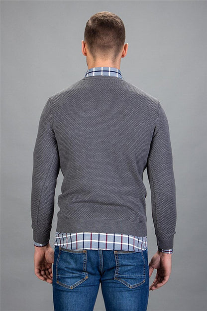 Slim Fit Crew Neck Honeycomb Patterned Men's Gray Sweater