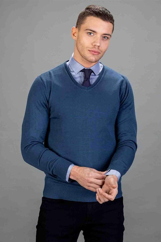 Slim Fit V-Neck Cotton Men's Petrol Sweater