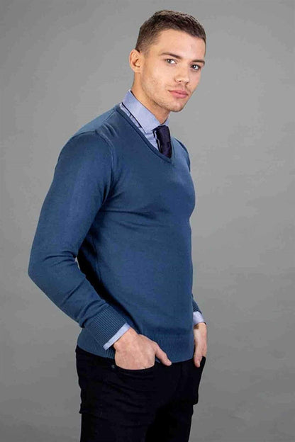 Slim Fit V-Neck Cotton Men's Petrol Sweater